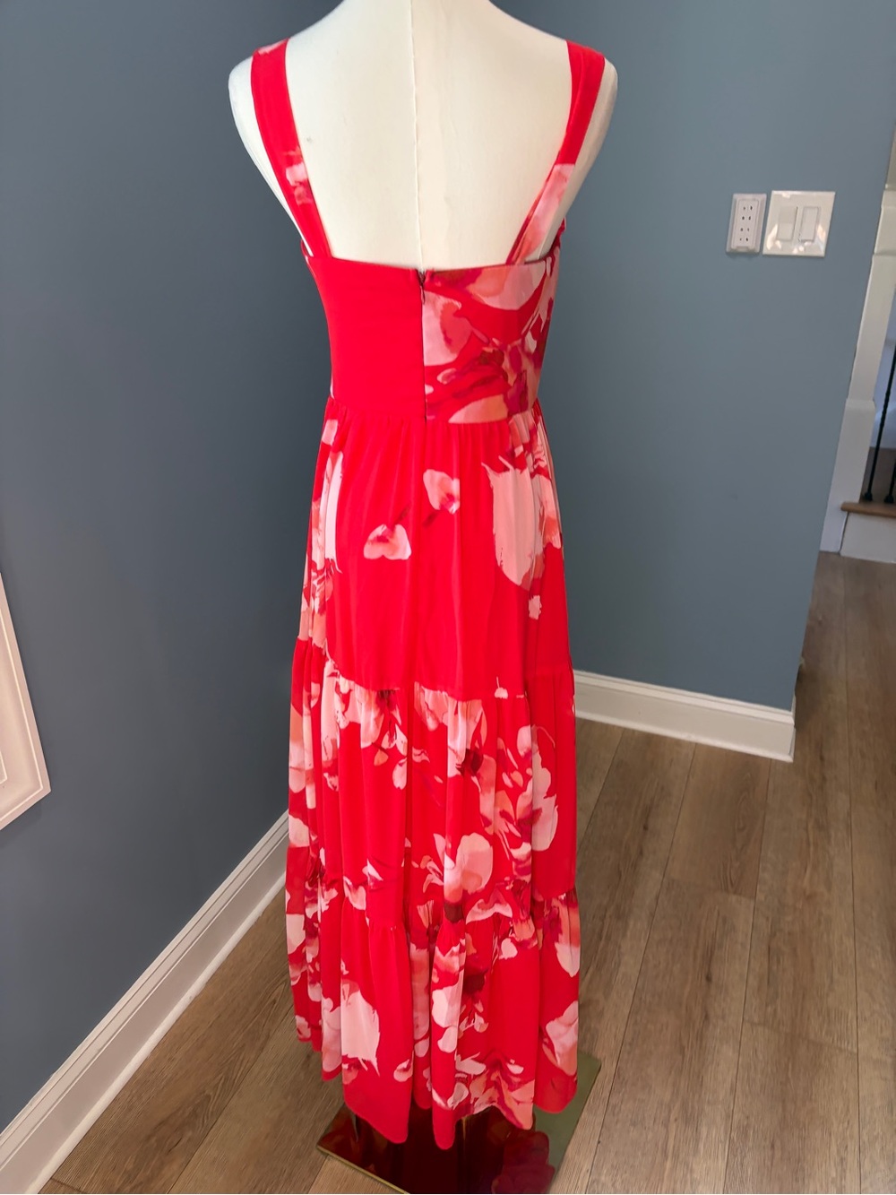 Lulus Red Pink Floral Bustier Tiered Maxi Dress Size Small - Picture 10 of 12